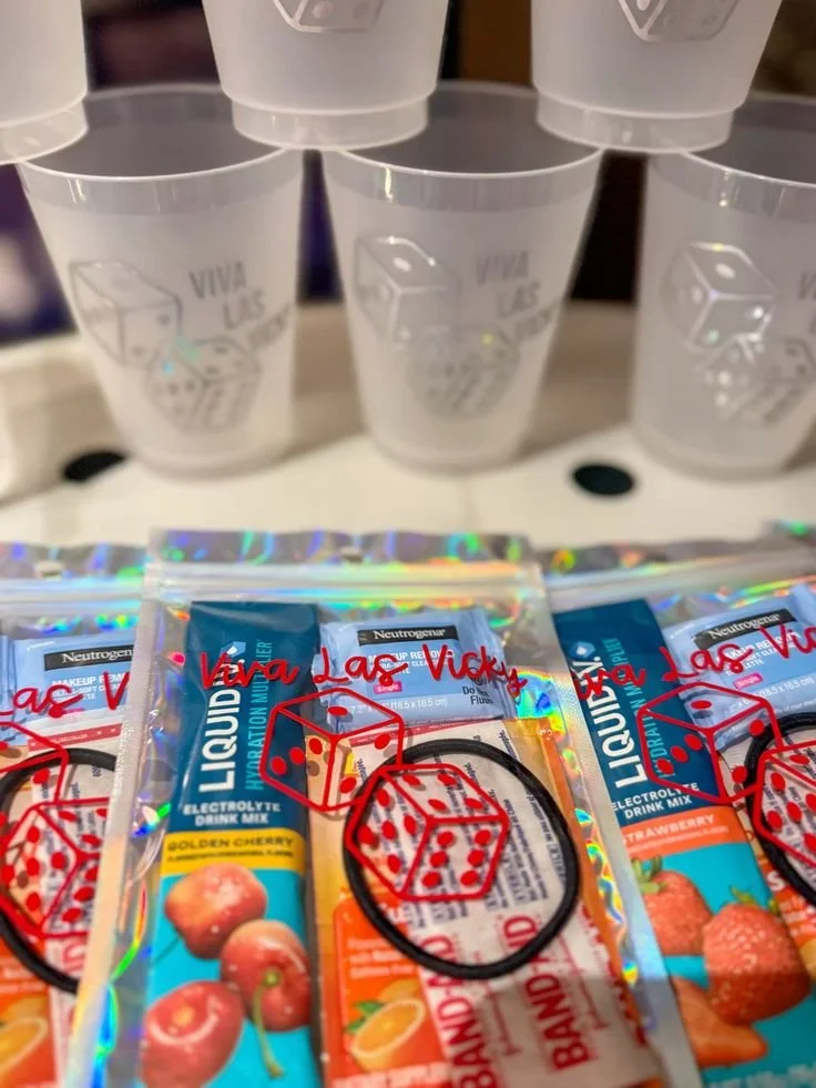 Bachelorette hangover kits assembled by Las Vegas Bach